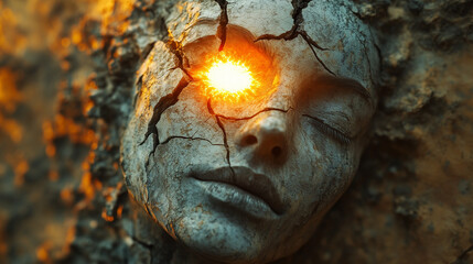 Creative depiction of inner power symbolized by fiery cracks on a face, representing strength and emotional rebirth