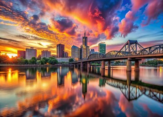 Fototapeta premium Portland Oregon Sunset Skyline, Willamette River, Hawthorne Bridge Panoramic View