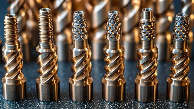 Precision metal drill bits arranged in rows, dark background, manufacturing