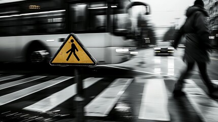 A symbolic photograph featuring a stark contrast between a pedestrian crossing sign and the blurred motion of a bus overtaking dangerously, highlighting the juxtaposition of safety norms and reckless 