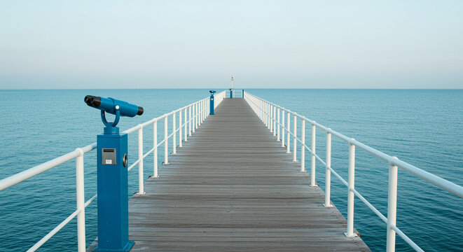 Seaside pier extending into the horizon with calm waters