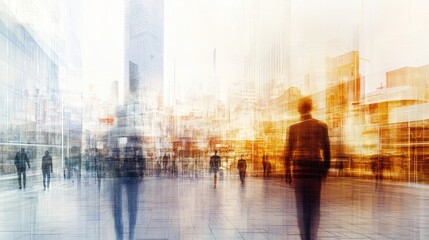 Fototapeta premium Blurred object of construction worker routine walking working activity in the background, wearing yellow safety vest and white helmet, modern office space interior with glass walls