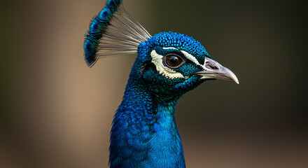Portrait of a vibrant blue peacock with intricate feathers