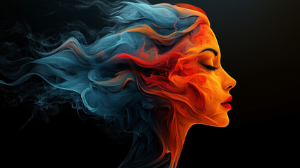 Abstract digital art of a woman's profile with flowing colorful fire and light, concept of creativity and transformation