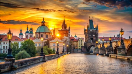 Prague Charles Bridge Sunrise, Iconic Czech Republic Landmark, Tourist Attraction