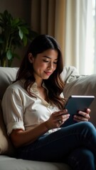 Obraz premium A Latin Hispanic freelance businesswoman sits on a couch using a tablet to work on a digital online project at home. Ideal for business, remote work, and technology-related content