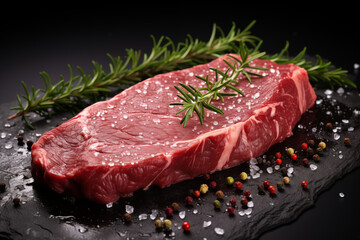 Raw red meat on a dark background. Beef steak with spices. Fresh meat with sprigs of rosemary. Marbled beef steak on a black surface. Bright colors highlight the quality and freshness of the steak.	