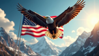 Majestic soaring bird of prey with open wings embodies freedom and strength over a backdrop of mountain ranges and national flag, presenting a sense of national pride of United States of America
