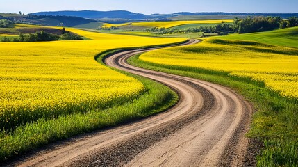 Obraz premium Winding Road Through Yellow Rapeseed Fields - Vibrant color palettes