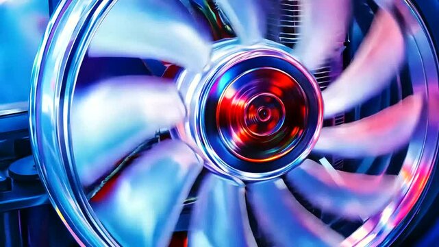 Close-up spinning computer fan, colorful lights, technology background,  website header