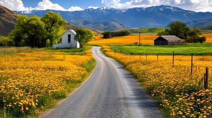 Obraz premium Scenic Country Road, Wildflowers, Mountains - Vibrant colors