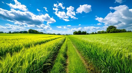 Fototapeta premium Sunny Green Wheat Field Path Summer - Nature photography