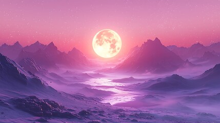 Pink moonrise over misty mountains, serene valley, fantasy landscape, ideal for fantasy art, game backgrounds