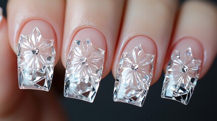 Clear floral crystal nail design with 3D carved flowers on transparent tips, elegant beauty close-up of clear floral crystal nail design for luxury manicure, artistic hand styling showcasing 