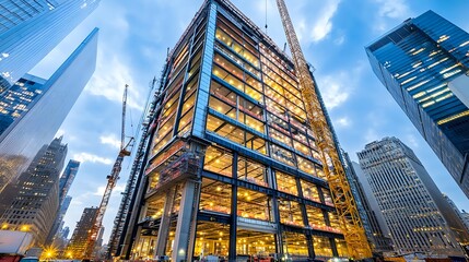 Fototapeta premium Skyscraper Construction at Night, Cityscape - Urban Development