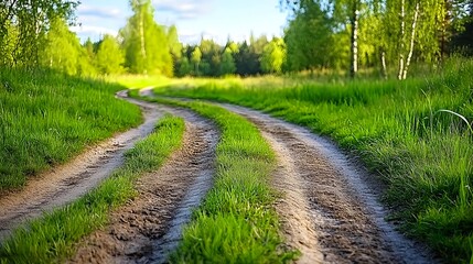 Fototapeta premium Winding Country Road, Green Meadow - Nature Photography: The image.