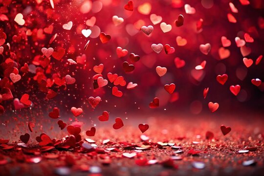 Red Heart Confetti Exploding on Vibrant Red Background - Romantic Valentine's Stock Photo