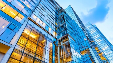 Fototapeta premium Modern Glass Skyscrapers Cityscape at Dusk - Architectural Photogra.