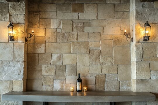 Stone-walled corridor with warm lighting and bench. Neural network AI generated