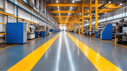 A modern factory interior with yellow lines on the floor, featuring industrial machines and bright lighting.