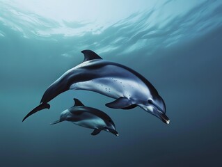 Fototapeta premium A touching scene depicting a mother vaquita dolphin swimming with her calf. The pair is shown in close proximity, with the calf closely mirroring the movements of the mother.