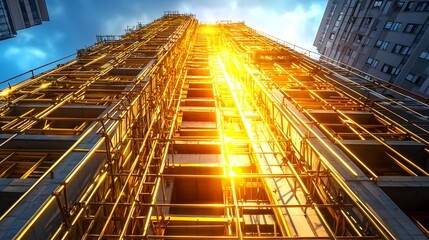 Fototapeta premium Golden Hour Construction: Skyscraper Under Construction - Urban Dev.