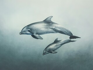 Fototapeta premium A touching scene depicting a mother vaquita dolphin swimming with her calf. The pair is shown in close proximity, with the calf closely mirroring the movements of the mother.