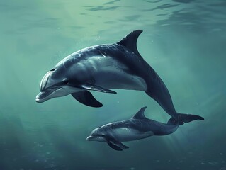 Obraz premium A touching scene depicting a mother vaquita dolphin swimming with her calf. The pair is shown in close proximity, with the calf closely mirroring the movements of the mother.