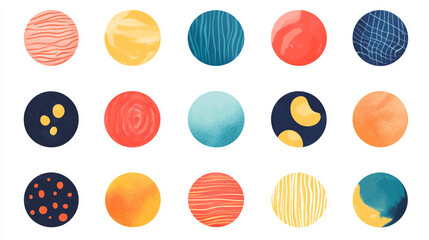 Fototapeta premium A vibrant arrangement of circular patterns featuring various colors and textures, creating a playful and artistic visual effect.