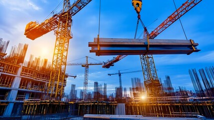 Naklejka premium Construction Site Cranes Lifting Beams at Sunset - Construction & I.