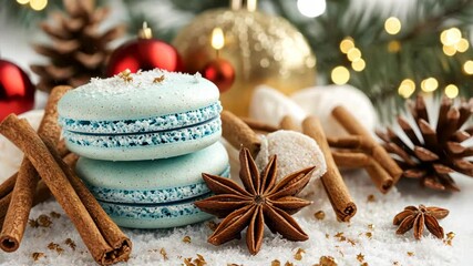 Beautifully arranged winter treats including blue macarons, cinnamon sticks, and festive decorations for a cozy holiday atmosphere