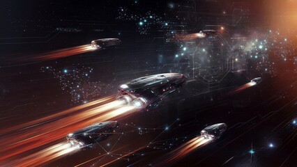 Futuristic Spacecrafts Racing Toward a Spiral Galaxy with Bright Orange Trails and Blue Glowing Digital Network in a Star-Filled Cosmic Landscape