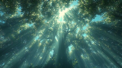 Obraz premium Sunbeams through forest canopy, majestic tree, tranquil scene, nature background, ideal for environmental themes