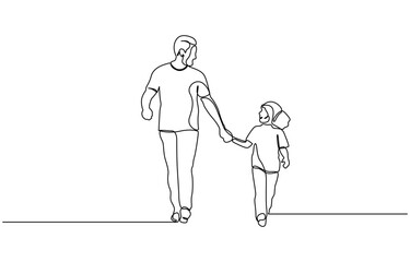 Continuous line drawing of happy family dad, and child walking together, Abstract single drawn, one line dad and child, parent love kid, line art illustration for fathers day decoration.