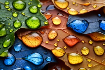 Vibrant Dew Drops on Colorful Autumn Leaves - Macro Photography
