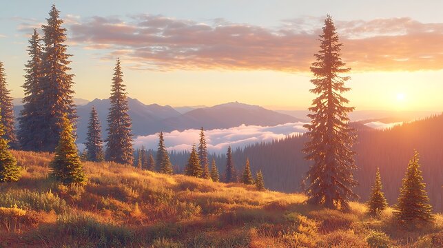 Sunrise over mountain meadow, autumnal colors, fog in valley, peaceful landscape, nature scene