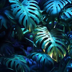 Obraz premium Teal Monstera leaves, tropical foliage, dark background, vibrant, nature design