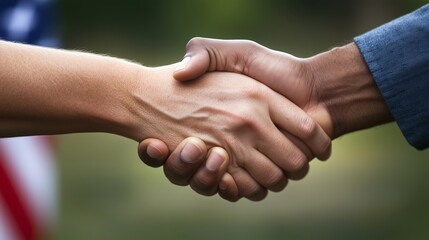 Ultra-detailed close-up of a handshake between two hands, symbolizing US-Russia unity, with flags subtly in the background, captured in a professional studio photography style
