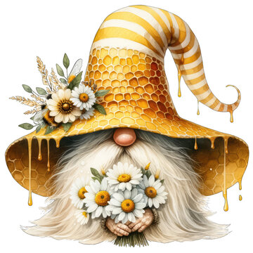 Adorable Gnome with Honeycomb Hat and Daisy Bouquet A Whimsical Illustration of a Honey Bee Keeper Gnome Holding a Bouquet of White Daisies, This Enchanting Image Features a Gnome Adorned with a
