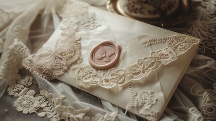 A white envelope with a pink wax seal with a butterfly design, surrounded by lace.