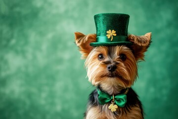 Happy St. Patrick&acirc;&euro;&trade;s Day Background, A Yorkshire terrier puppy with a tiny green top hat and a gold shamrock pin on its collar, sitting on a textured solid green backdrop 