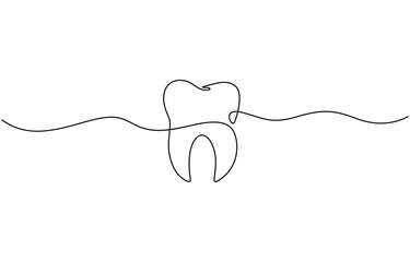 Obraz premium Vector continuous one simple single abstract line drawing of tooth dental clinic and care concept, Single line continuous drawing of tooth simple dental tooth line art vector illustration.