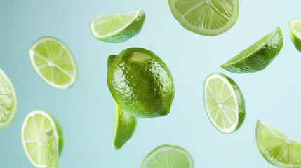 fresh lime slices falling on blue background