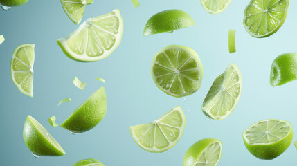 fresh lime slices falling on blue background