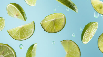 fresh lime slices falling on blue background