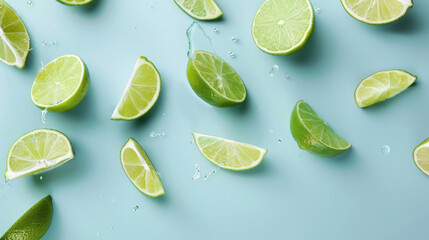 fresh lime slices falling on blue background
