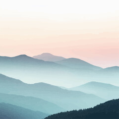 Obraz premium Minimalist mountain illustration with soft fog effects and pastel gradients. The layered silhouettes and tranquil composition create a peaceful, meditative atmosphere