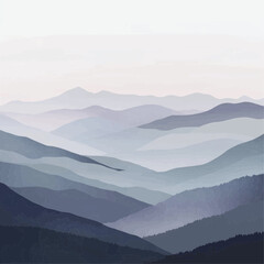 Naklejka premium Minimalist mountain illustration with soft fog effects and pastel gradients. The layered silhouettes and tranquil composition create a peaceful, meditative atmosphere