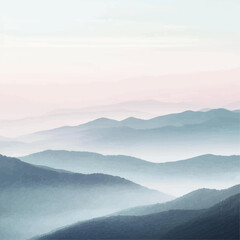 Obraz premium Minimalist mountain illustration with soft fog effects and pastel gradients. The layered silhouettes and tranquil composition create a peaceful, meditative atmosphere. Vector 