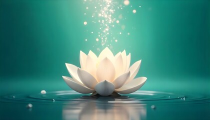 Fototapeta premium Una ilustración digital muestra una flor de loto blanca en plena floración, sobre un fondo verde azulado degradado